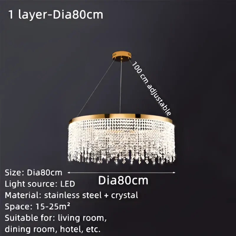 Luxury gold crystal water curtain pendant chandelier with multiple tiers of crystal beads crafted from stainless steel