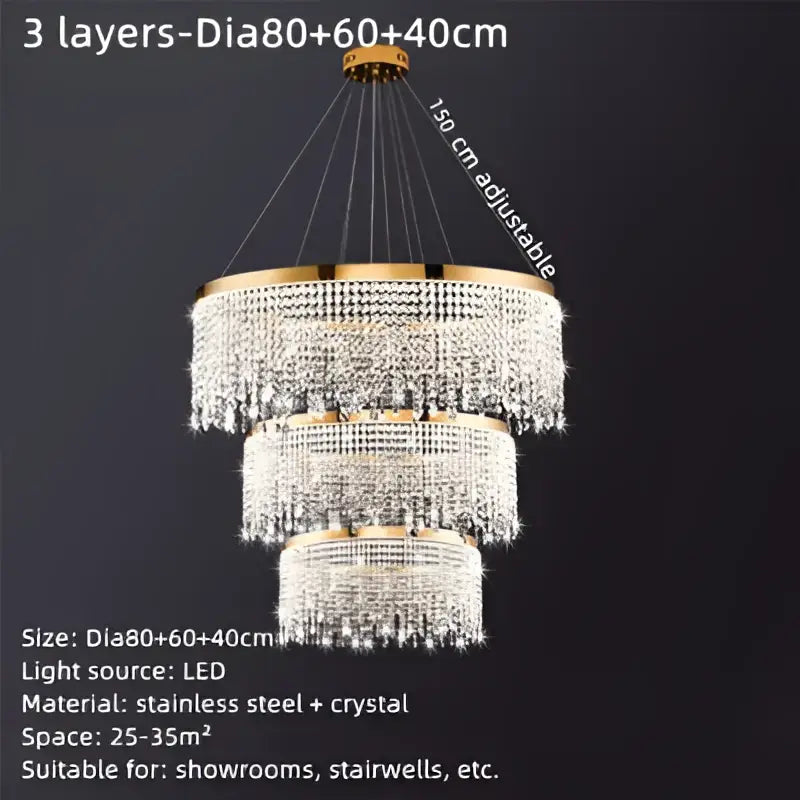 Luxury gold crystal water curtain pendant chandelier with three-tiered gold stainless steel frame and clear crystals
