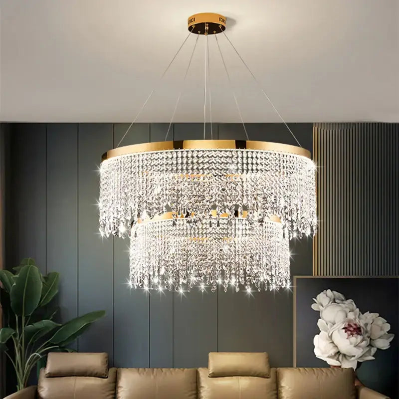 Luxury gold crystal water curtain pendant chandelier with multi-tiered clear crystals for living room decorbites crystal water