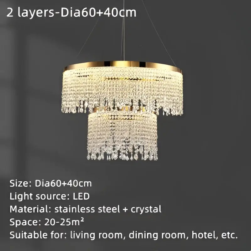 Luxury gold crystal water curtain pendant chandelier with two-tier design and cascading crystal droplets for living room decorbites crystal water