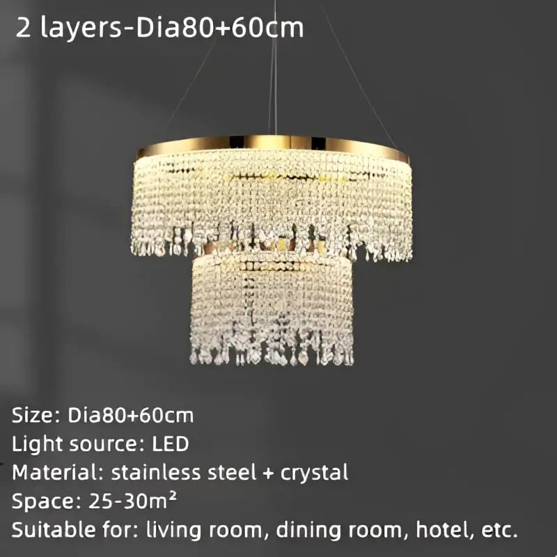 Luxury gold crystal water curtain pendant chandelier with two-tier stainless steel frame and cascading crystal droplets for living room decorbites crystal water