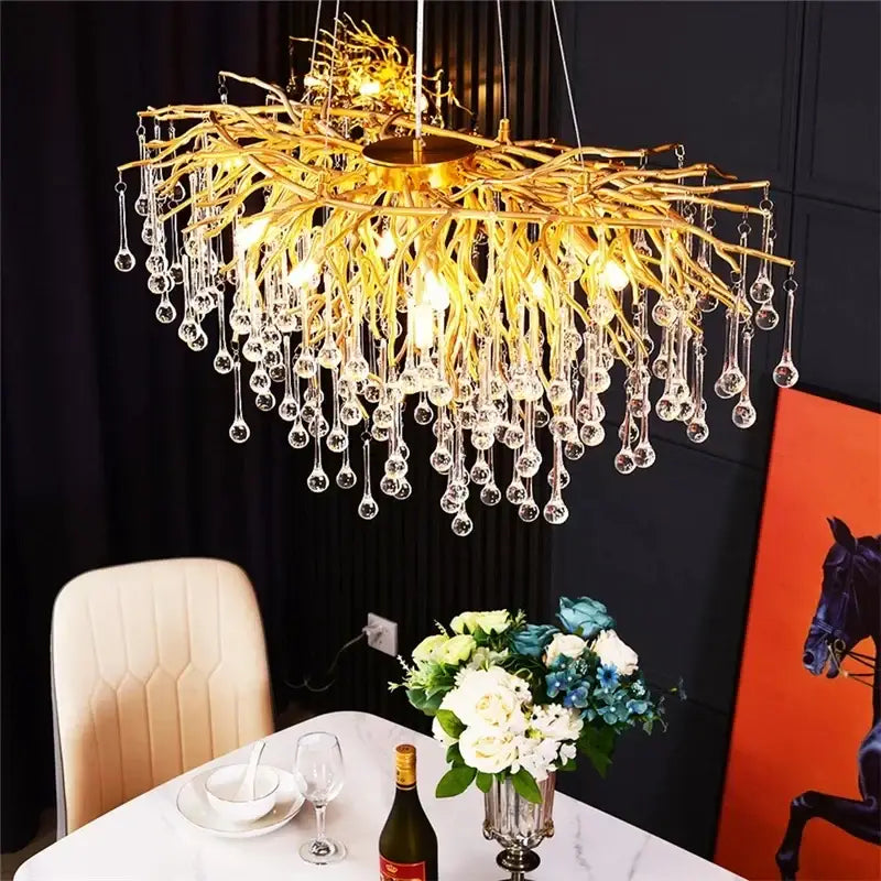 Luxury gold crystal water drop chandelier with golden branches and decorbites crystal water droplets for dining room decor