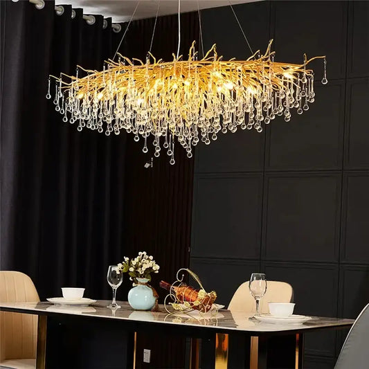 Luxury gold crystal water drop chandelier with branch-style design and dangling decorbites crystal water droplets