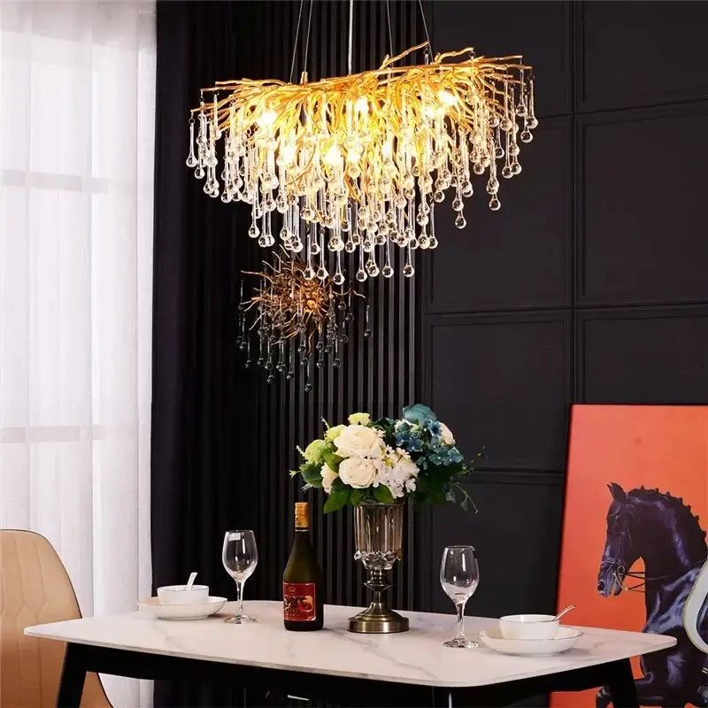Luxury gold crystal water drop chandelier with golden branch design and decorbites crystal water droplets for dining room decor