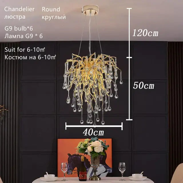 Luxury gold crystal water drop chandelier with six G9 bulbs and decorbites crystal water drop for dining room light decor