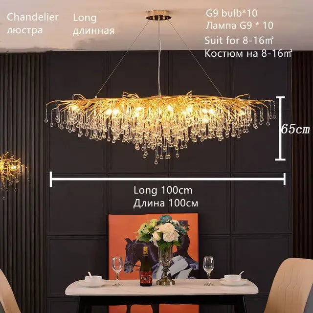 Luxury gold crystal water drop chandelier with cascading crystal droplets and warm led lights for dining room decorbites crystal water drop design