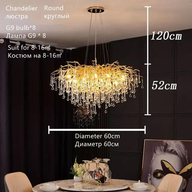 Luxury gold crystal water drop chandelier with golden branch design and decorbites crystal water droplets for dining room decor