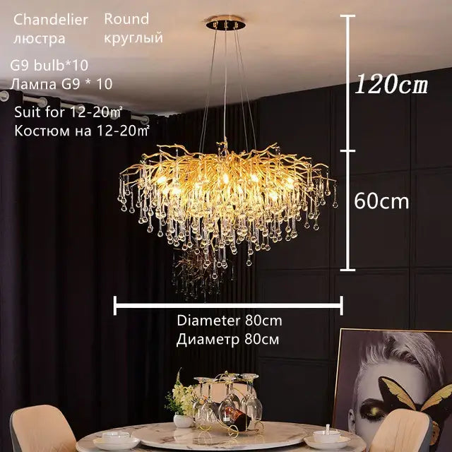 Luxury gold crystal water drop chandelier with 10 g9 bulbs and decorbites crystal water drop accents for dining room decor