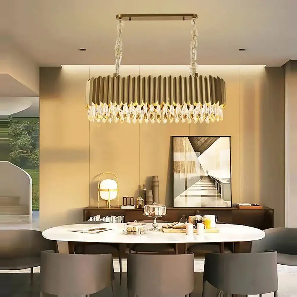 Luxury gold pendant lights with vertical ridged panels and decorbites crystal water droplet design for dining room decor