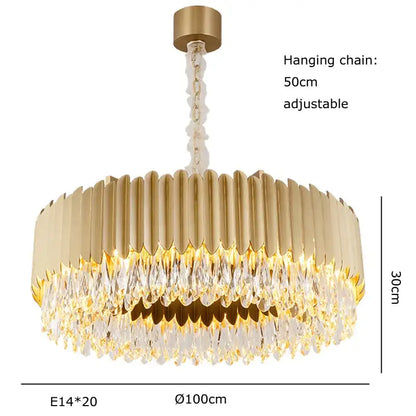 Luxury gold pendant lights with a circular fluted metal frame and cascading clear decorbites crystal water droplet accents