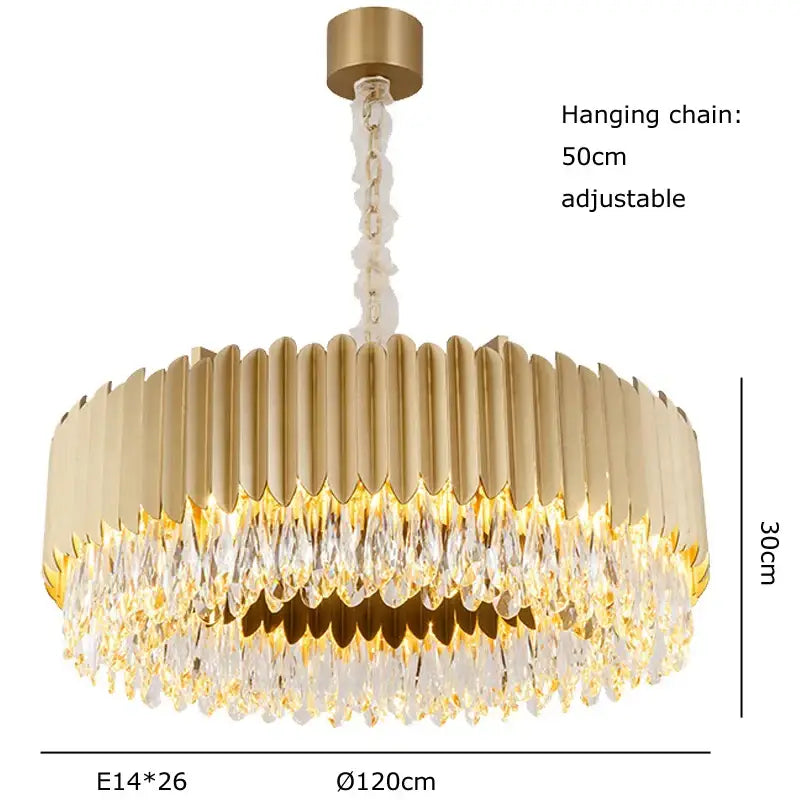 Luxury gold pendant lights with circular fluted metal frame and cascading decorbites crystal water droplet accents for dining room
