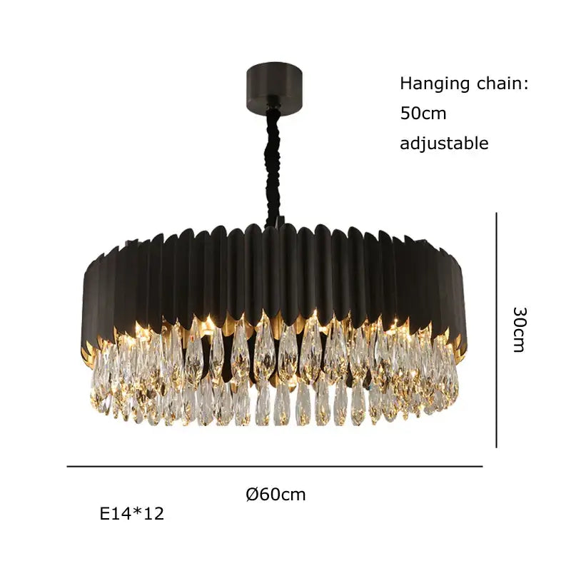 Black metal chandelier pendant lights with circular frame and cascading clear decorbites crystal water droplets for dining room