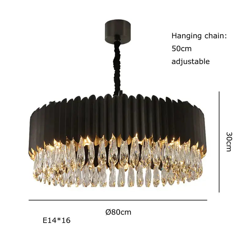Luxury gold crystal water droplet pendant lights feature a black metal chandelier with cascading clear crystal droplets