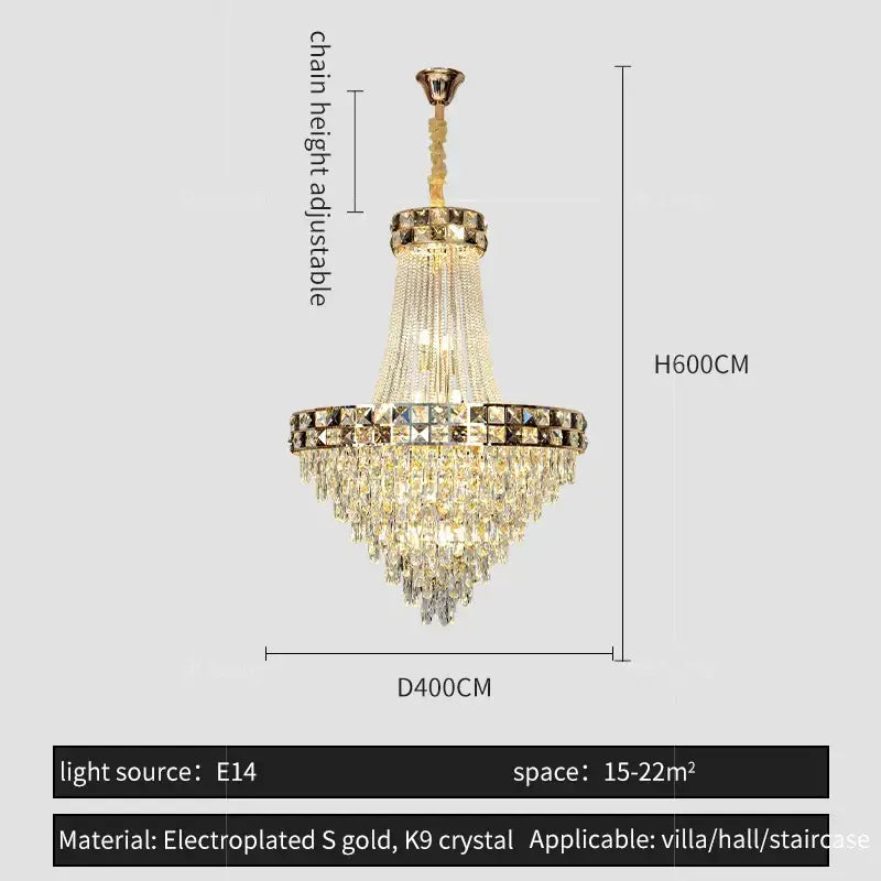 Luxury gold decorbites crystal chandelier with cascading k9 crystal strands and decorative ring for elegant living room