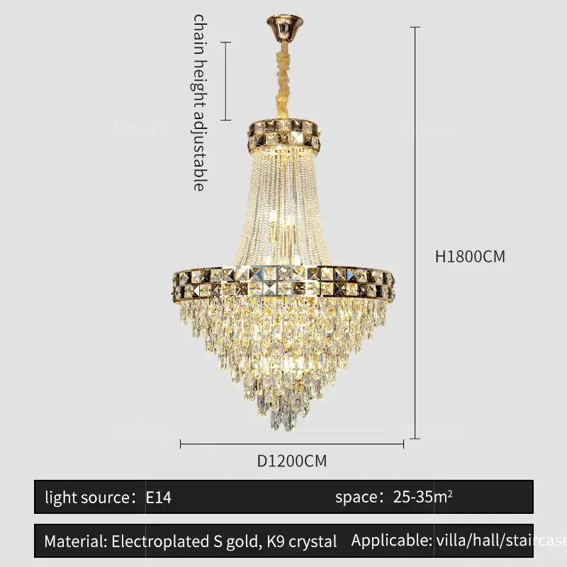 Luxury gold decorbites crystal chandelier with gold electroplated frame and cascading k9 crystal strands for living room