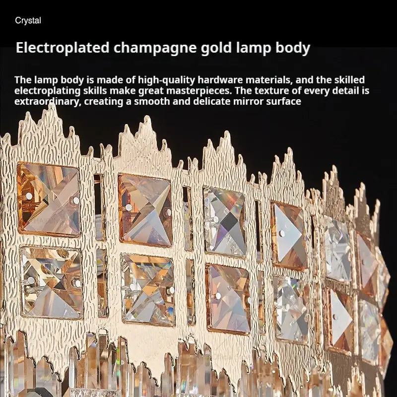 Luxury gold decorbites crystal chandelier featuring electroplated champagne gold and faceted crystal accents for living room