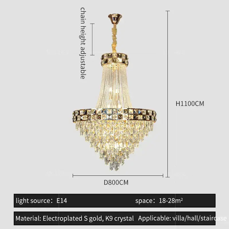 Luxury gold decorbites crystal chandelier with cascading k9 crystals designed for elegant villa or hall lighting