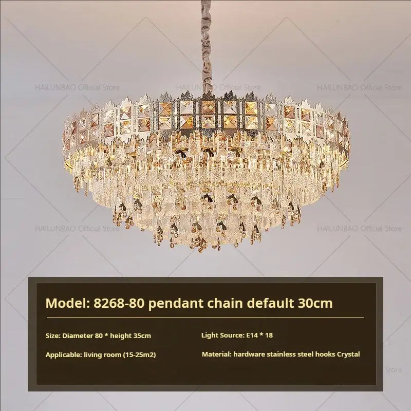Luxury gold decorbites crystal chandelier with cascading clear and amber crystals for elegant living room decor