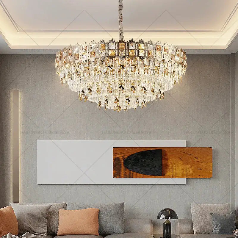 Luxury gold decorbites crystal chandelier with multi-tiered design featuring clear faceted crystals for living room