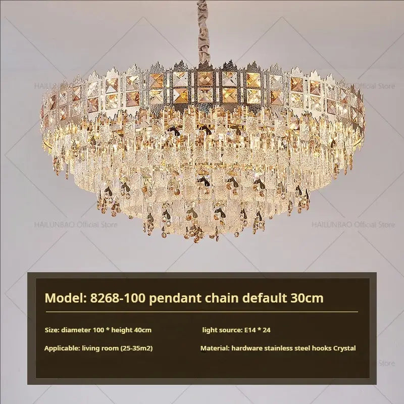Luxury gold decorbites crystal chandelier with cascading clear crystals and metallic frame for living room use