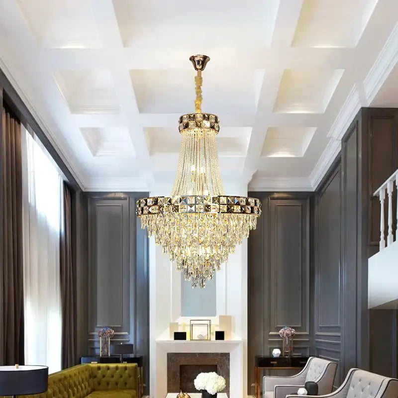 Luxury gold decorbites crystal chandelier with cascading crystal droplets and square-cut crystal frame for living room