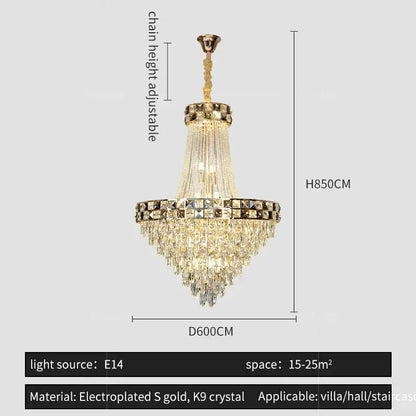 Luxury gold decorbites crystal chandelier with cascading k9 crystal strands and decorative ring for elegant living rooms