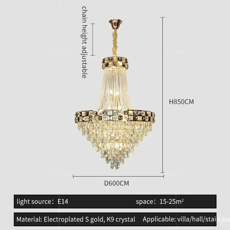 Luxury gold decorbites crystal chandelier with cascading k9 crystal strands and decorative ring for elegant living rooms