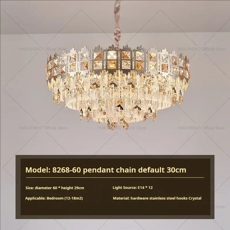 Luxury gold decorbites crystal chandelier with multi-tiered amber and clear crystals on a metallic frame for living room