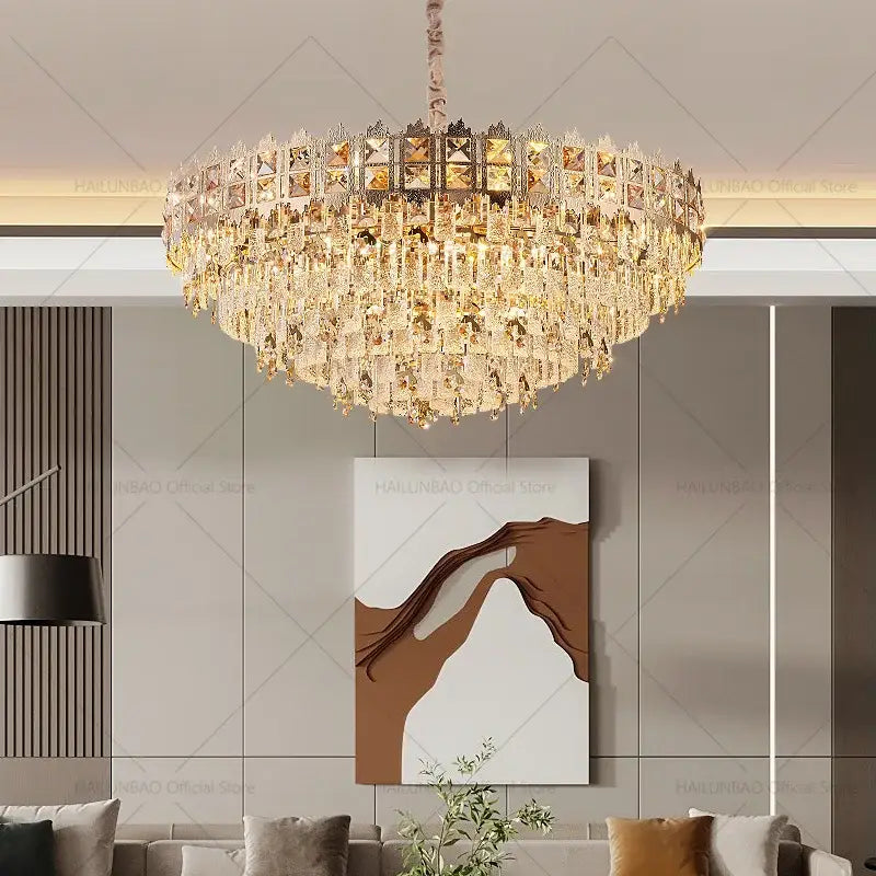 Luxury gold decorbites crystal chandelier with multi-tiered gold frame and cascading faceted crystals for living room