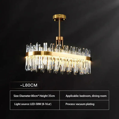 Luxury gold decorbites crystal chandeliers featuring a gold-plated oval frame with clear crystal prisms for dining rooms