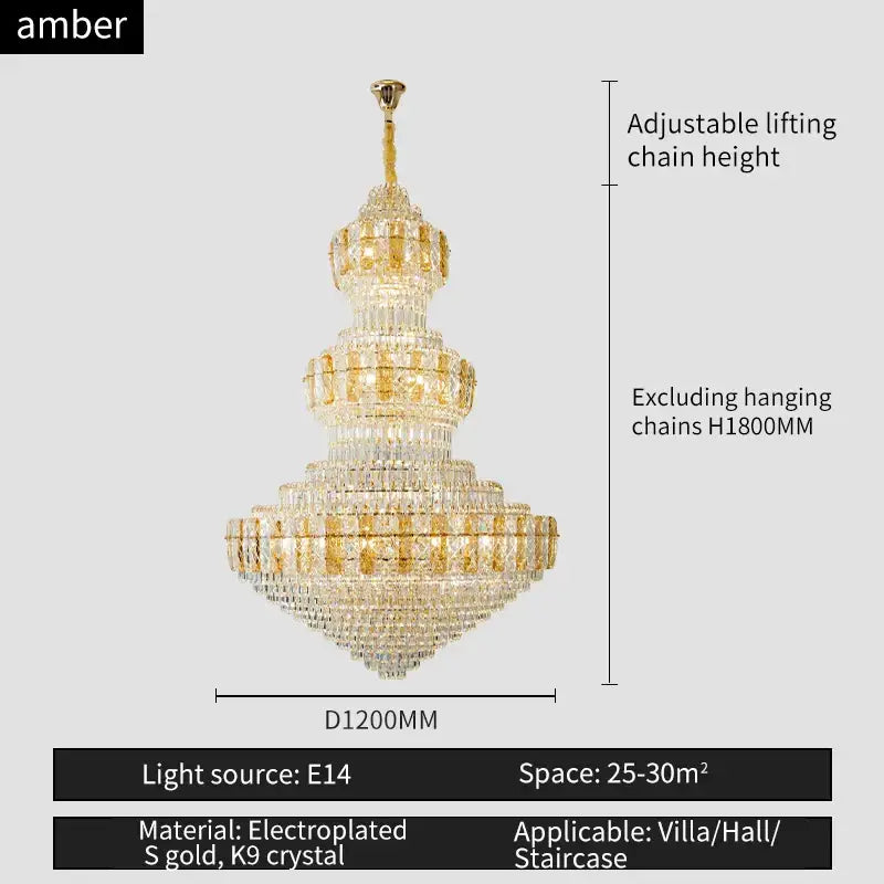 Luxury gold decorbites crystal duplex living room chandelier with multi-tier amber and clear k9 crystal lighting