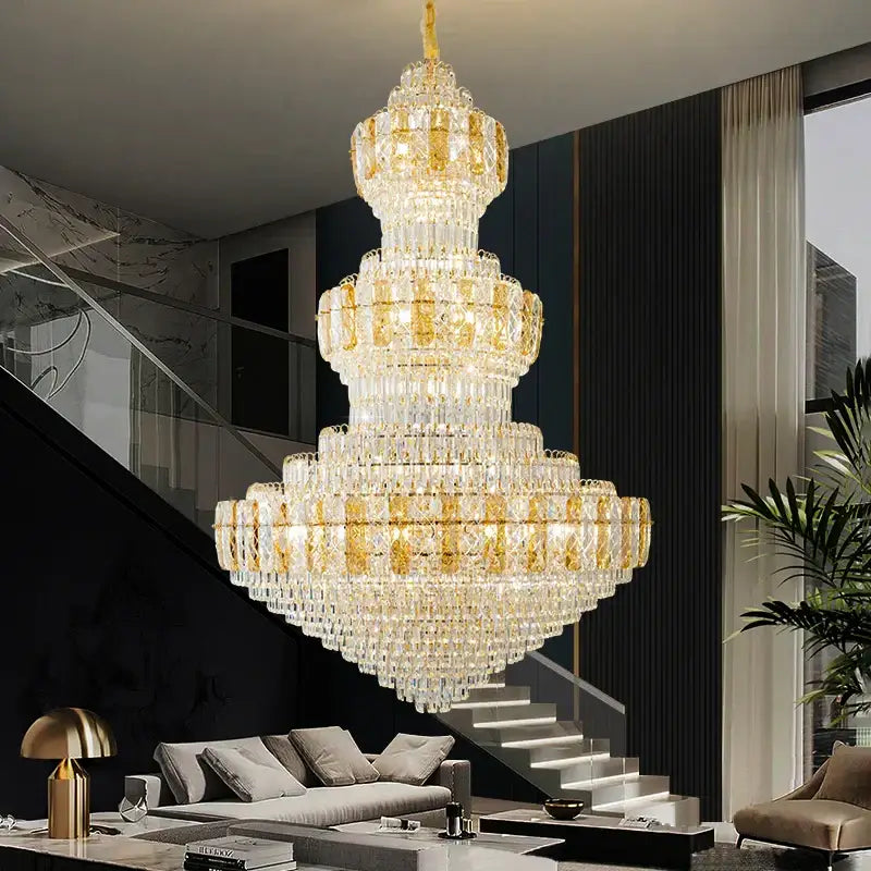 A luxury gold decorbites crystal duplex headlight chandelier with multi-tiered crystals hangs in a modern living room