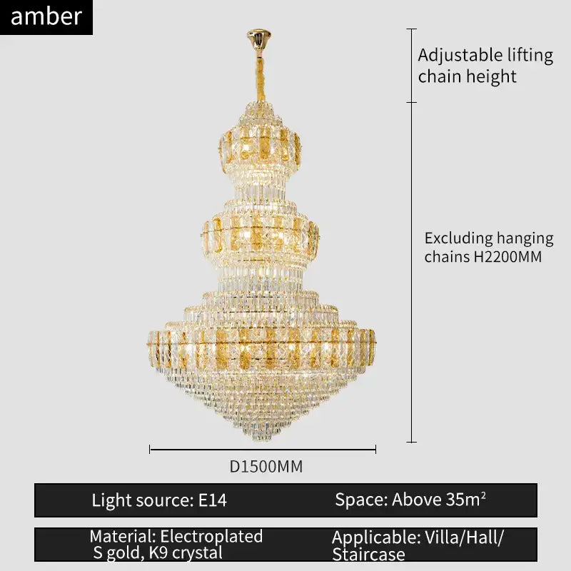 Luxury gold decorbites crystal duplex tiered chandelier with gold electroplated frame and k9 crystal accents for living room