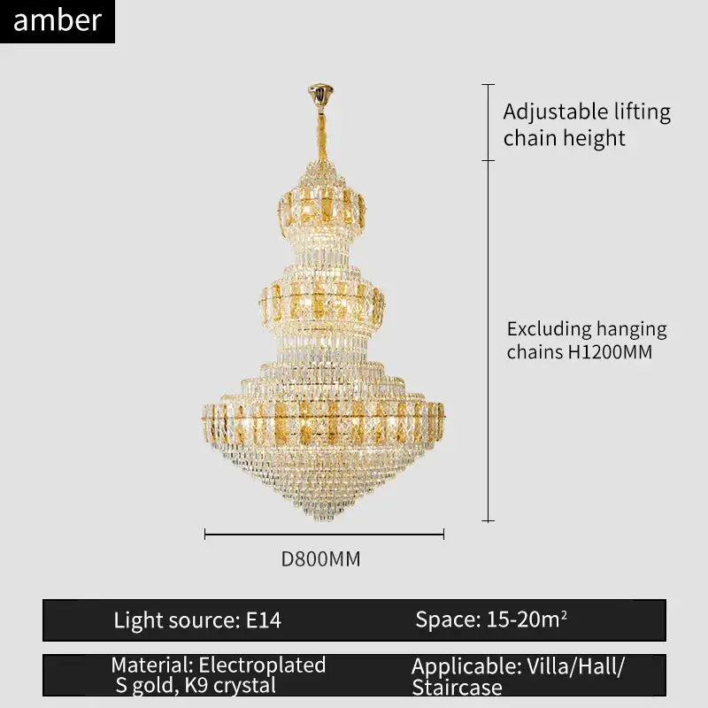 Luxury gold decorbites crystal duplex headlight chandelier with electroplated gold and cascading k9 crystal tiers for villa lighting