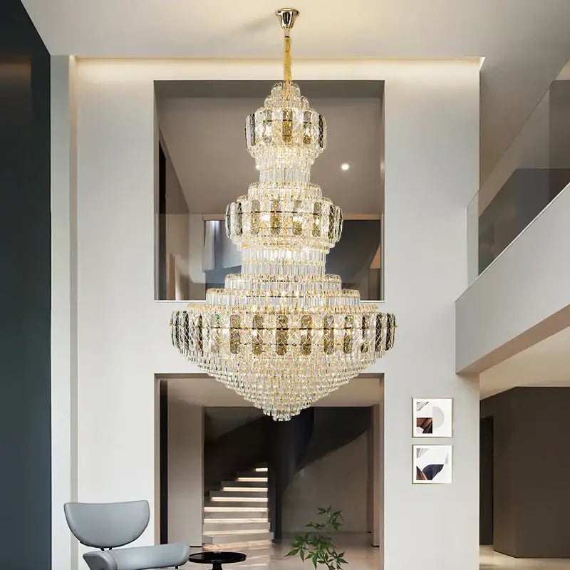Luxury gold decorbites crystal duplex headlight living room chandelier with multi-tiered clear faceted crystals
