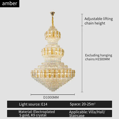 Luxury gold decorbites crystal duplex headlight living room chandelier with gold electroplated frame and k9 crystal tiers