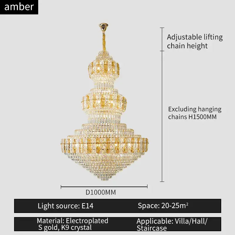 Luxury gold decorbites crystal duplex headlight living room chandelier with gold electroplated frame and k9 crystal tiers