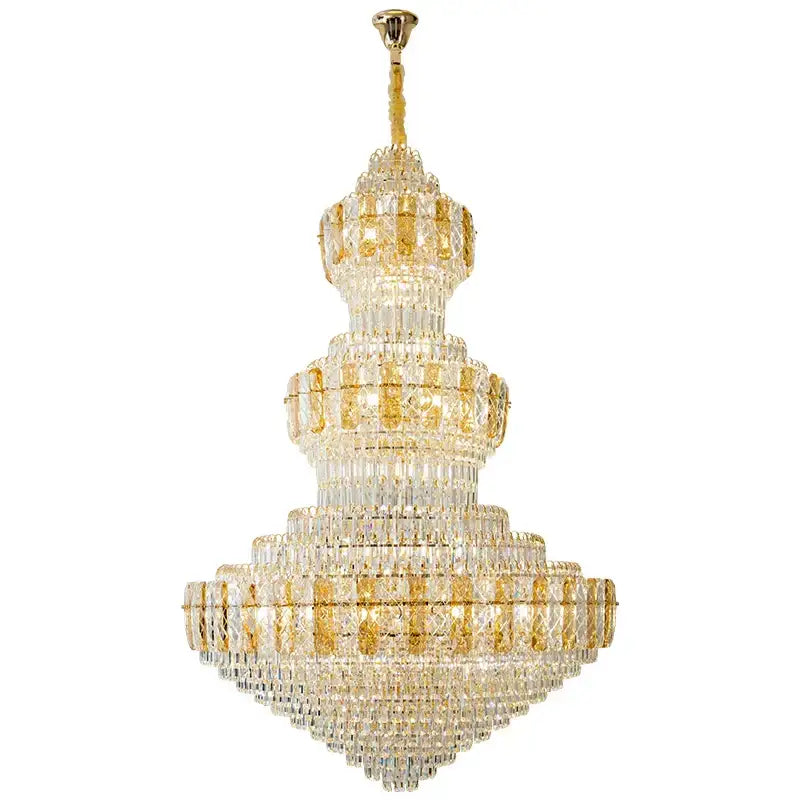Luxury gold decorbites crystal duplex headlight chandelier with multi-tiered clear faceted crystals for living room