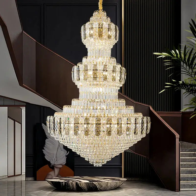 A luxury gold decorbites crystal duplex headlight chandelier with multi-tiered design for modern living rooms
