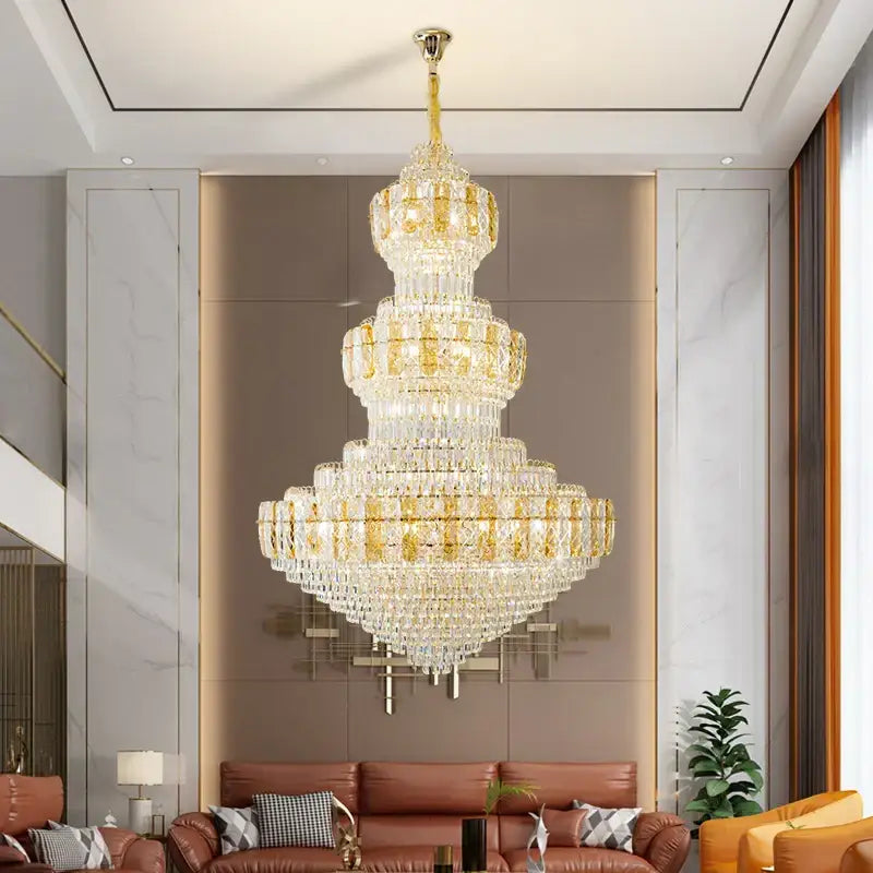 Luxury gold decorbites crystal duplex headlight living room chandelier with multi-tiered clear and golden crystals