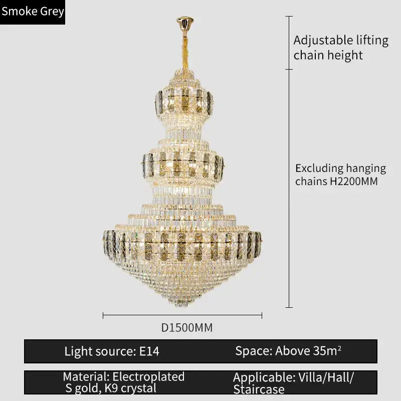 Elegant multi-tiered luxury gold decorbites crystal duplex headlight chandelier with k9 crystal accents for living rooms