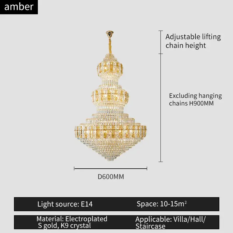 Luxury gold decorbites crystal duplex tiered chandelier with gold electroplated frame and k9 crystal accents for living room