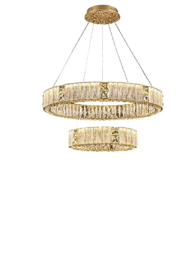 Luxury gold decorbites crystal glass chandelier with gold-toned double-ring and faceted crystal accents for living room lighting