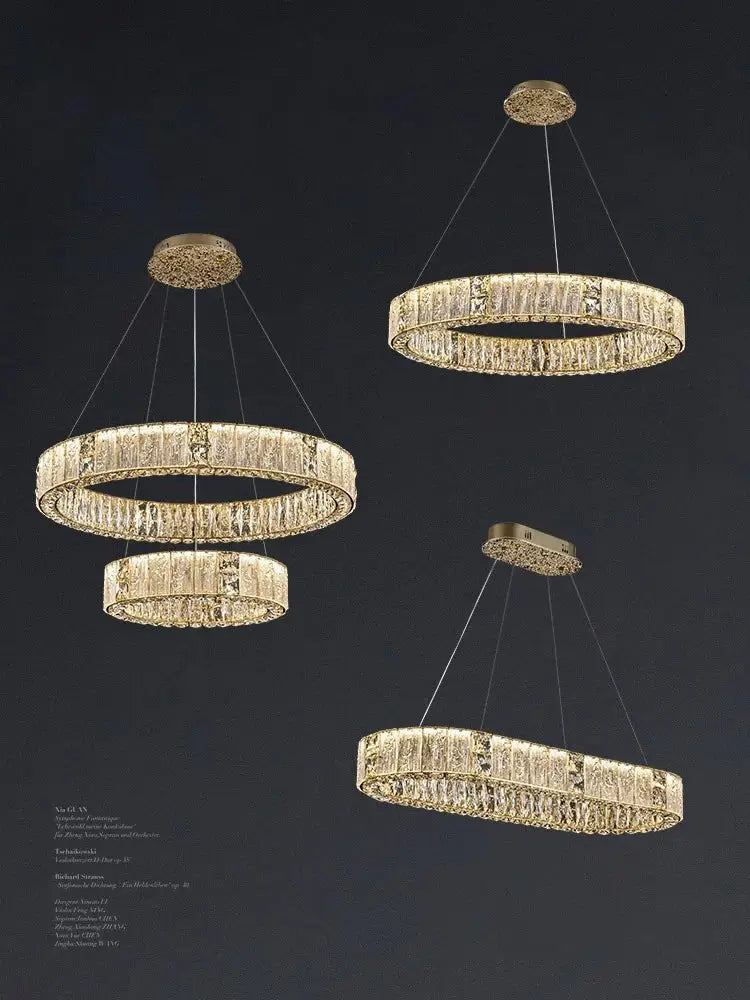 Luxury gold decorbites crystal glass chandelier with multiple circular tiers and sparkling crystal accents for living rooms