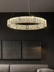 Luxury gold decorbites crystal glass chandelier with gold-toned frame and faceted prisms for living room lighting