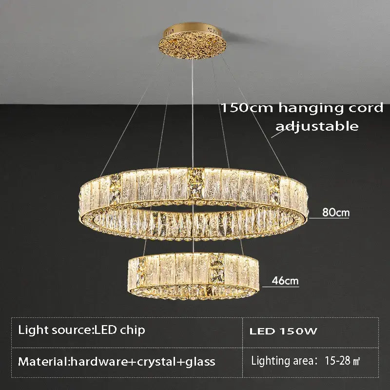 Luxury gold decorbites crystal glass chandelier featuring gold-toned double rings with crystal and glass accents for living room lighting