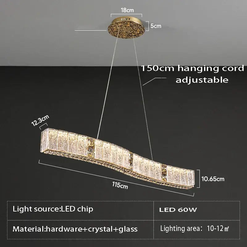 A sleek gold decorbites crystal glass chandelier with curved frame and embedded crystal panels for living room light