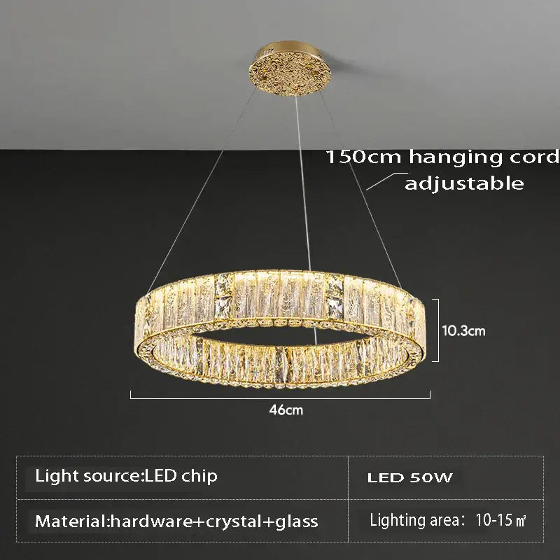 Luxury gold decorbites crystal glass chandelier with circular design and adjustable 150cm hanging cord for living room light