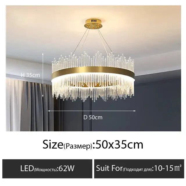 Luxury gold decorbites crystal led chandelier with cascading clear crystal rods for elegant dining room lighting