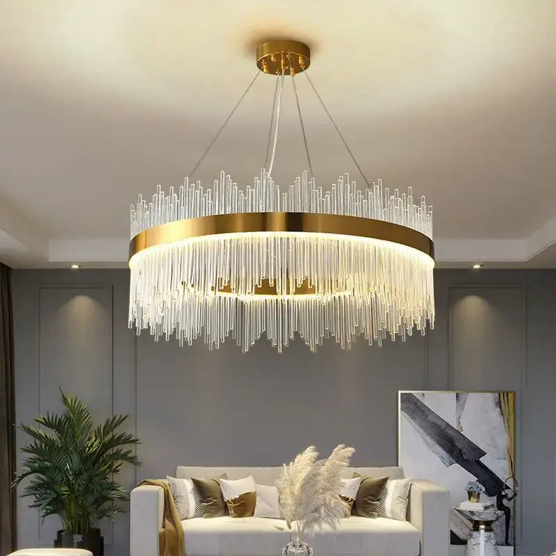 Luxury gold decorbites crystal led chandelier with circular frame and clear glass crystal strands for dining room light